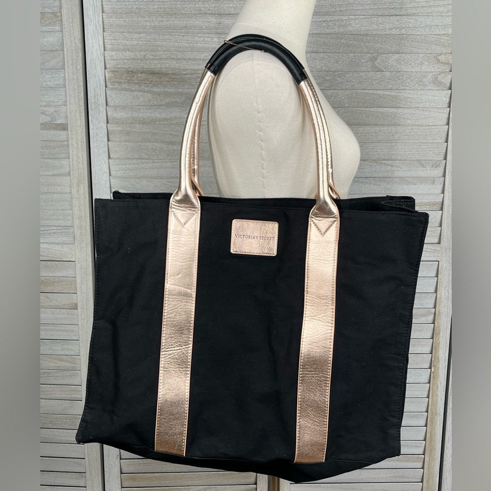 VICTORIA'S SECRET Large Canvas Tote Bag Black w Rose Gold Trim